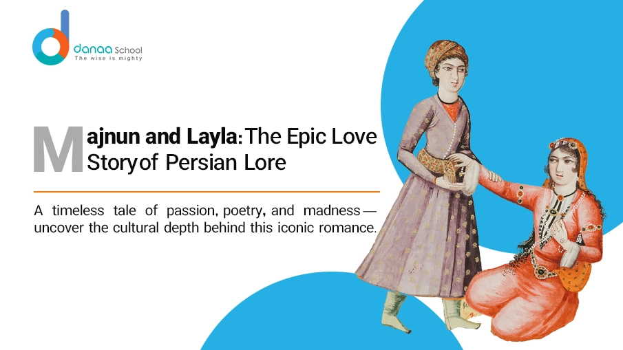 Majnun and Layla in the desert under the moonlight, symbolizing eternal love.