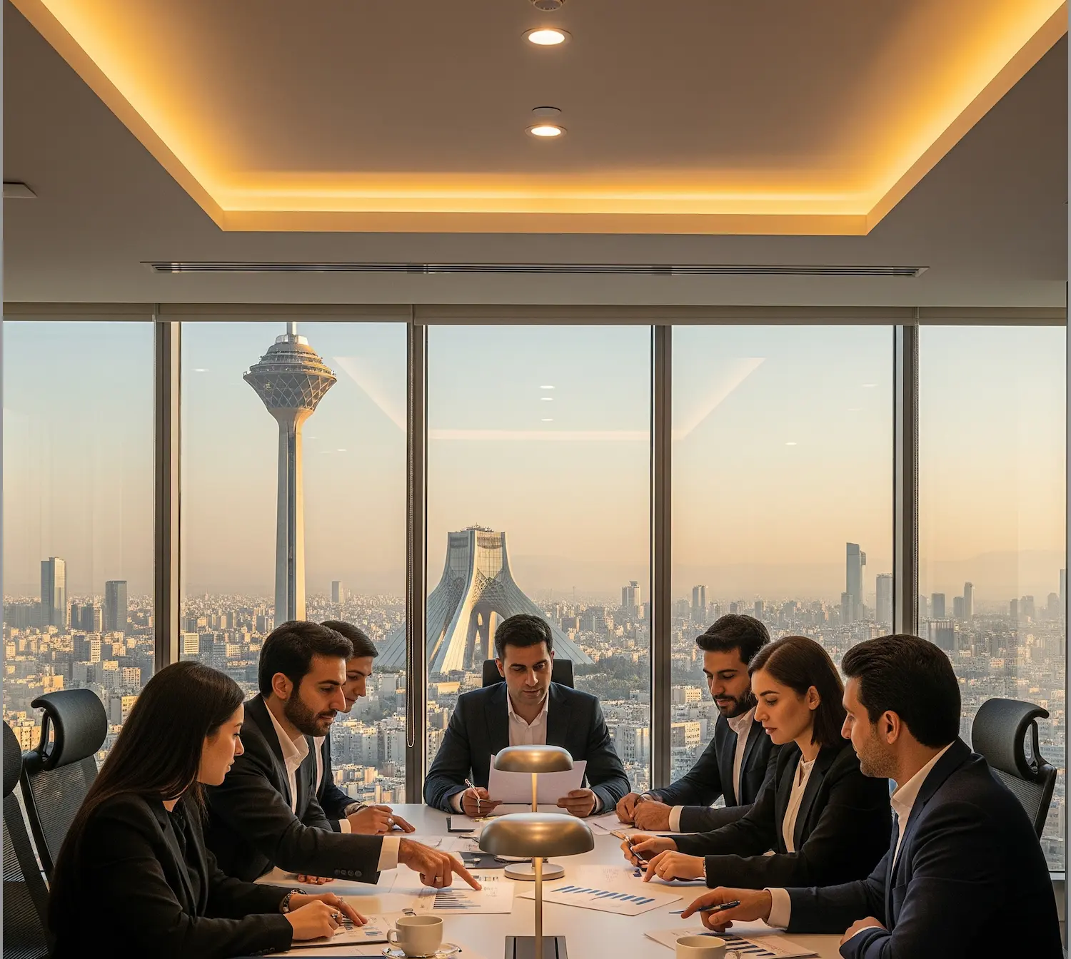 Business meeting in Tehran office with skyline view