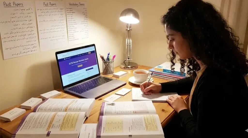 GCSE Persian revision student studying with past papers